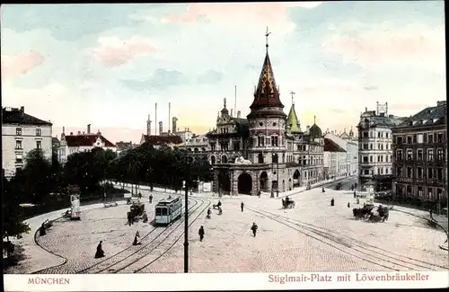 Ak München Bayern, Stiglmair Platz mit Löwenbräukeller, Straßenbahn