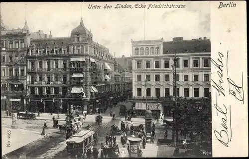 Ak Berlin Mitte, Unter den Linden Ecke Friedrichstraße, Pferdebahn, Kutschen