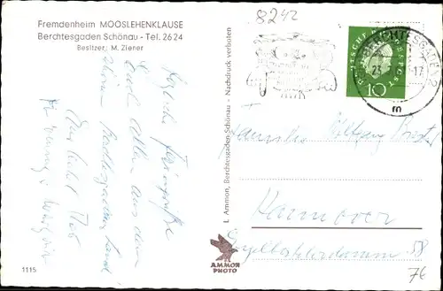 Ak Berchtesgaden Schönau, Fremdenheim Mooslehenklause