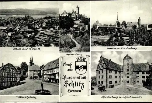 Ak Schlitz Vogelsbergkreis, Ortspartie, Hinterburg, Vorderburg, Marktplatz