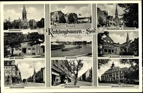 Ak Recklinghausen im Ruhrgebiet, Elisabeth Krankenhaus, Lutherkirche, Sparkasse, Berufsschule