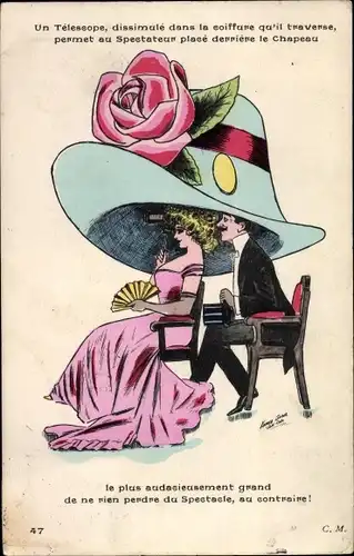 Künstler Ak Sager, X., Frau mit riesigem Hut, Mann unter dem Hut, Rose, Mode