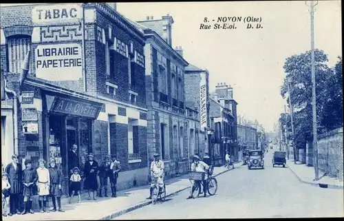 Ak Noyon Oise, Rue St. Eloi, Librairie Papeterie a la Civette, Automobile