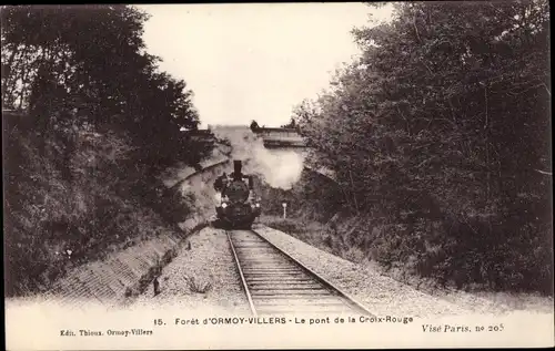 Ak Ormoy Villers Oise, Pont de la Croix Rouge, Chemin de Fer, Train