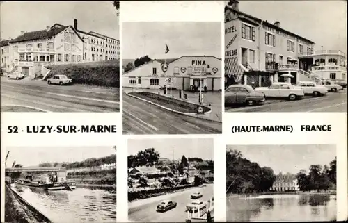 Ak Luzy sur Marne, Fina Station Beausejour, Hotel Restaurant, voitures, chateau, Binnenschiff