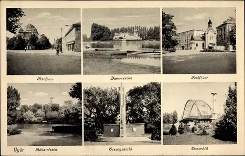 Ak Győr Ungarn, Raba reszlet, Duna hid, Orszagzaszlo, Petöfi ter