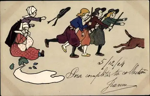 Litho Personen in französischen Trachten verjagen einen Hund