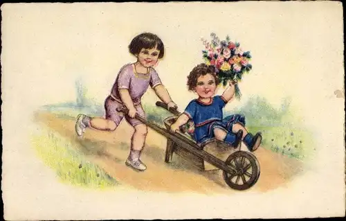 Ak Kinder mit Blumenstrauß und Schubkarre
