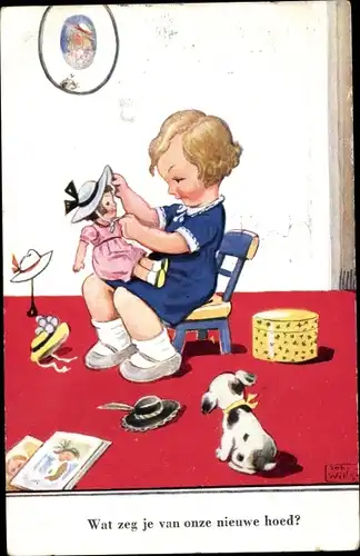 Künstler Ak Wills, John, Mädchen zieht Puppe an, Hund