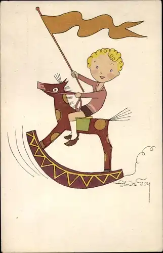 Ak Junge auf einem Schaukelpferd