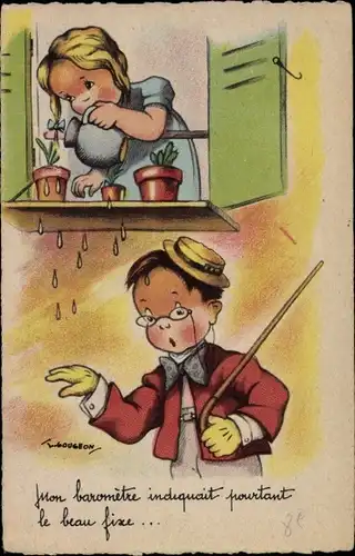 Künstler Ak Gougeon, Mädchen gießt Blumen, Wasser tropft auf Mann