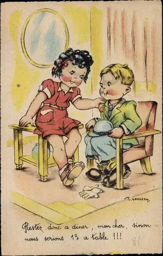 Künstler Ak Gougeon, Kinder unterhalten sich, Restez donc a diner