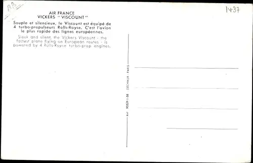 Ak Französisches Passagierflugzeug, Air France, Vickers Viscount