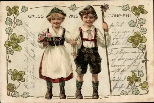 Präge Litho Junge und Mädchen in bayerischen Volkstrachten, Kleeblätter