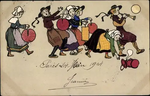 Litho Personen in französischen Trachten mit Lampions