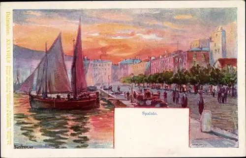 Künstler Ak Split Spalato Kroatien, Hafenpartie, Segelschiff