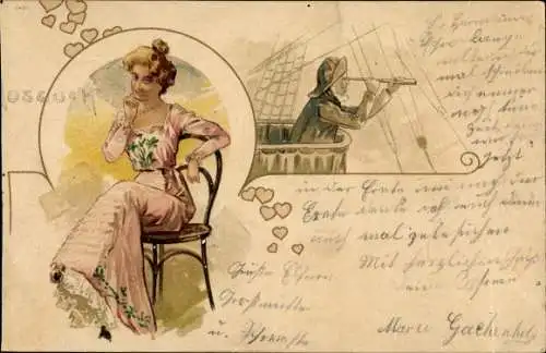 Litho Ausguck, sitzende Frau, Seemann mit Fernrohr