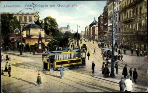 Ak Hannover in Niedersachsen, Café Kröpcke mit Georgstraße, Straßenbahn