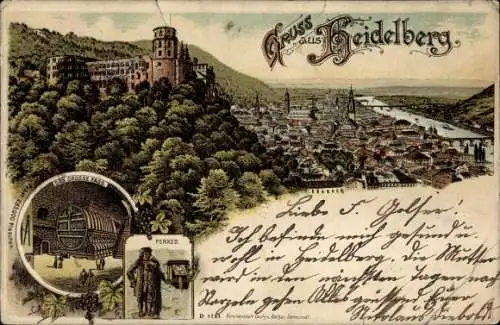 Litho Heidelberg am Neckar, Das Große Fass, Perkeo, Stadtansicht, Schloss