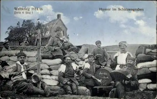 Ak Humor im Schützengraben, Deutsche Soldaten in Uniformen, I WK