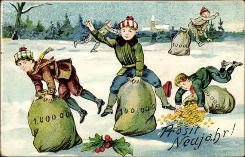 Ak Glückwunsch Neujahr, Kinder beim Sackhüpfen mit Geldsäcken, Stechpalmenzweig