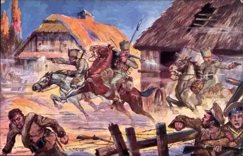 Künstler Ak Kiesslich, C. W., Husarenpatrouille im Dorfgefecht