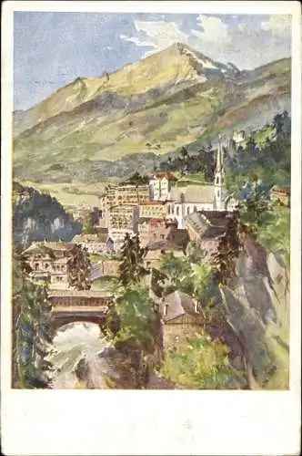 Künstler Ak Bad Gastein Badgastein in Salzburg, Blick auf den Ort, Kirche