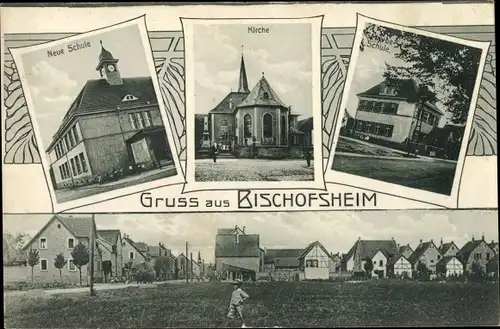 Ak Bischofsheim Mainspitze Hessen, Neue Schule, Kirche, Schule, Panorama