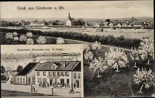 Ak Ginsheim Gustavsburg am Rhein, Gesamtansicht, Restauration Rheinischer Hof