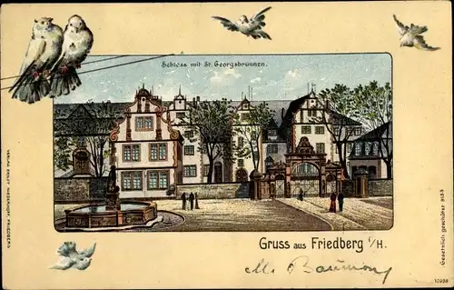 Präge Litho Friedberg in Hessen, Schloss mit St. Georgsbrunnen, Tauben