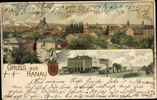 Litho Hanau am Main, Bahnhof, Gleisseite, Gesamtansicht