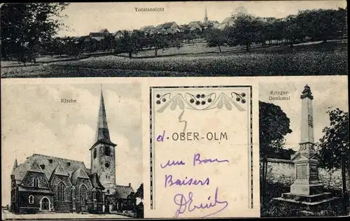 Ak Ober Olm, Kirche, Blick zum Ort, Kriegerdenkmal