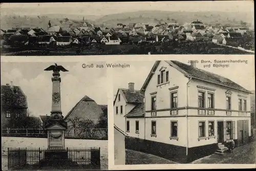 Ak Weinheim Alzey in Rheinhessen, Gesamtansicht, Kriegerdenkmal, Bäckerei