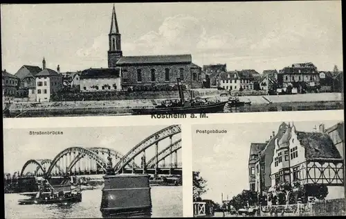 Ak Kostheim Mainz Rheinland Pfalz, Kirche, Straßenbrücke, Postgebäude