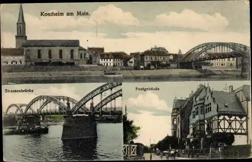 Ak Kostheim Mainz Rheinland Pfalz, Kirche, Straßenbrücke, Postgebäude