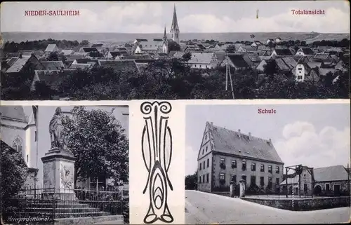 Ak Niedersaulheim Saulheim in Rheinhessen, Blick auf die Stadt, Denkmal, Schule