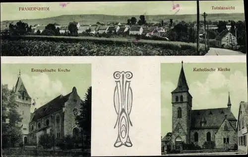 Ak Framersheim in Rheinhessen, Gesamtansicht, Kath. Kirche, Ev. Kirche