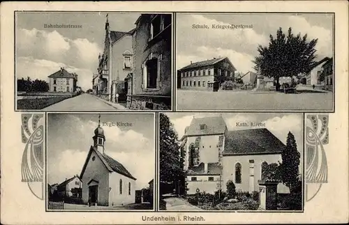 Ak Undenheim in Rheinhessen, Bahnhofstraße, Schule, Kriegerdenkmal, Kath. Kirche, Ev. Kirche