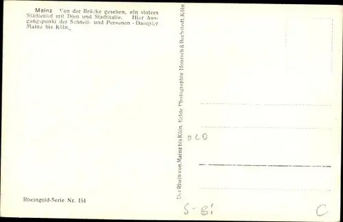 Ak Mainz am Rhein, Blick von der Brücke, Schnell- und Personendampfer Mainz-Köln