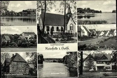 Ak Reinfeld in Holstein, Herrenteich, Rathaus, Kurheim, Kirche, Schwarzer Teich, Erholungsheim