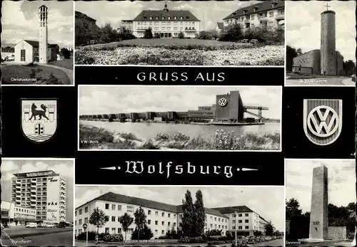 Ak Wolfsburg in Niedersachsen, VW Werk, Ehrenmal, Kirche, Porschstr., Robert Koch Platz, Wappen