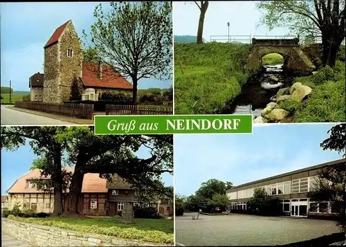 Ak Neindorf Wolfsburg in Niedersachsen, Kirche, Brücke, Fachwerkhaus, Flachbau
