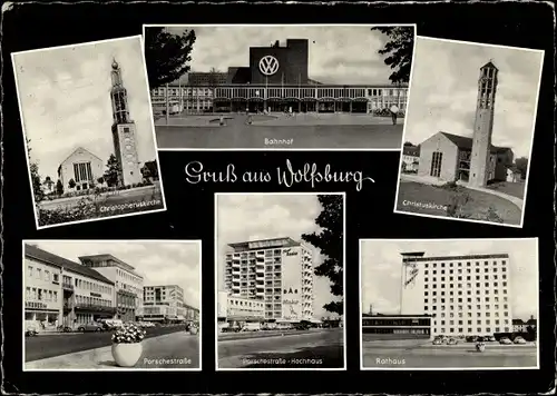 Ak Wolfsburg in Niedersachsen, Christopheruskirche, Bahnhof, Rathaus, Porschestraße, Hochhaus
