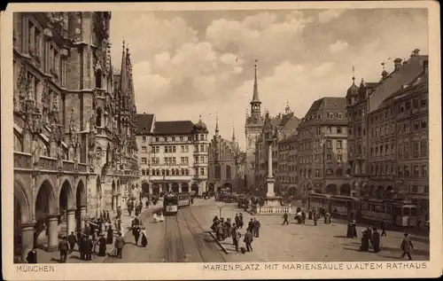 Ak München, Marienplatz, Mariensäule, altes Rathaus, Spaziergänger, Straßenbahn