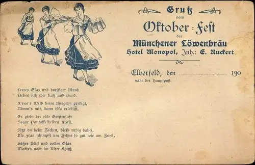 Ak Elberfeld Wuppertal, Oktoberfest des Hotel Monopol, Gedicht, Kellnerin, Maß Bier