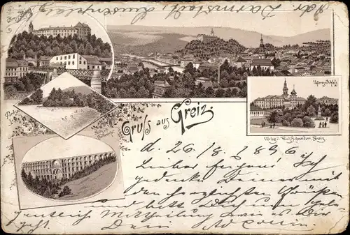 Litho Greiz im Vogtland, Schloss, Göltzschtalbrücke, Blick auf den Ort