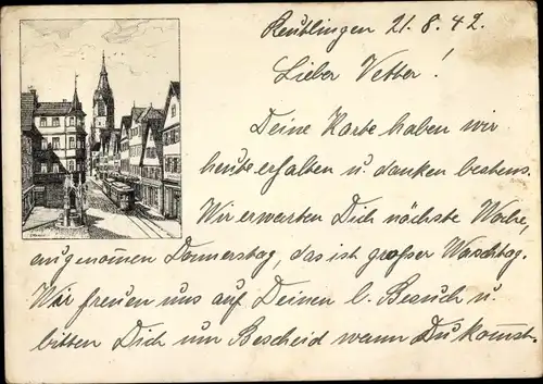 Ak Reutlingen in Württemberg, Wilhelmstraße mit Lindenbrunnen, Straßenbahn