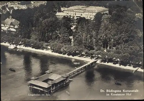 Ak Konstanz am Bodensee, Luftaufnahme Dr. Büdingens Kuranstalt im Konstanzer Hof, Liegehalle im See