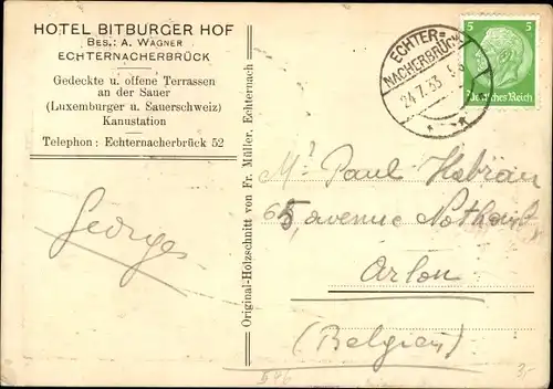 Künstler Ak F. M., Linoldruck, Echternacherbrück in der Eifel, Hotel Bitburger Hof, Flusspartie