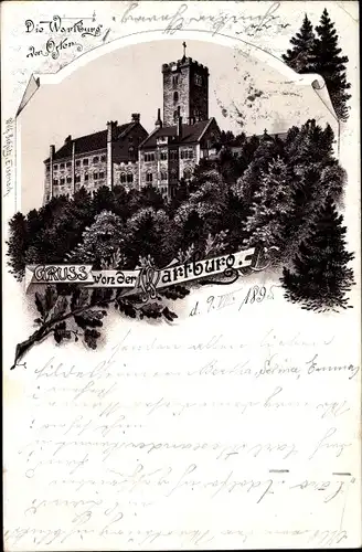 Litho Lutherstadt Eisenach in Thüringen, Wartburg, Blick von Osten auf die Burg
